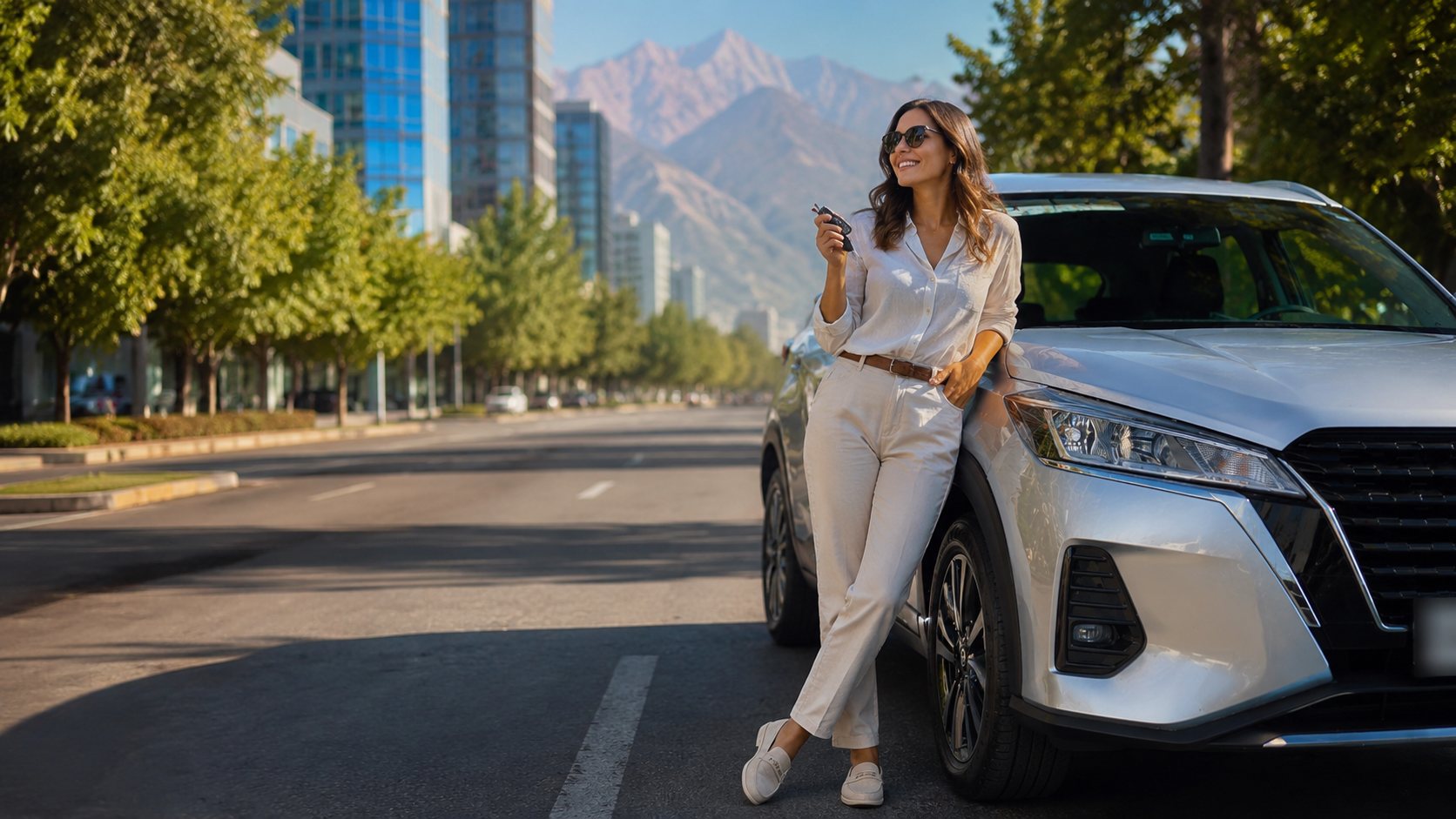 Clienta feliz junto a su Nissan en Providencia, Santiago