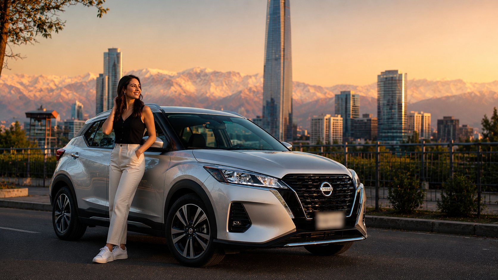 Nissan en Providencia con el skyline de Santiago y la cordillera
